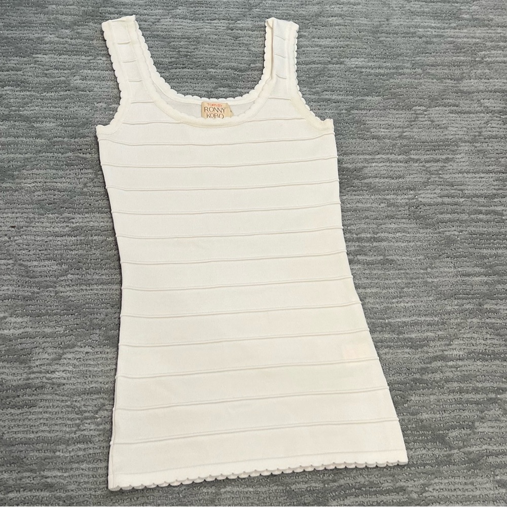 Torn by Ronny Kobo White Scallop Trim Tank Top